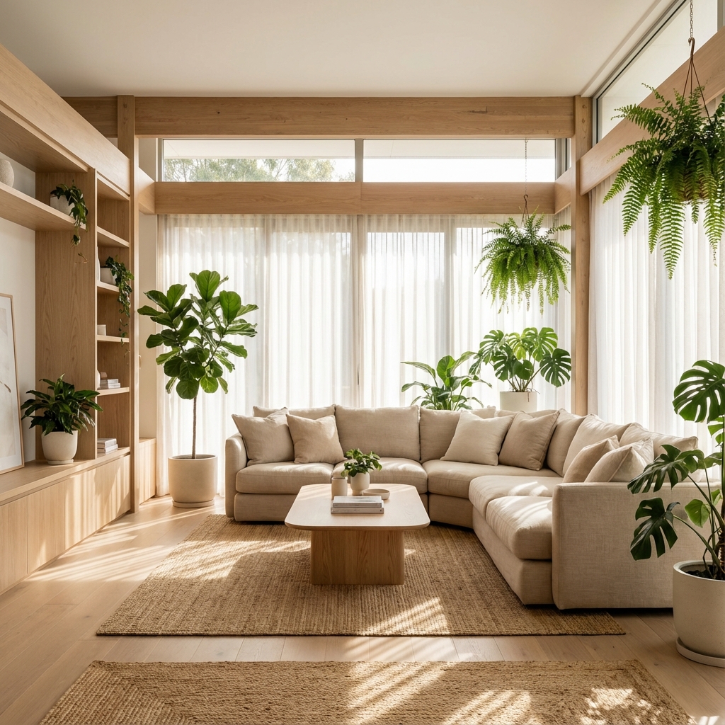 Intérieur moderne style organique avec canapé beige et plantes